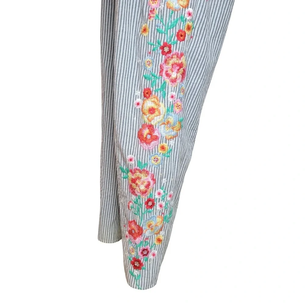 Savanna Jane Pinstripe Floral Embroidered Wide Leg Jumpsuit Large Boho Beach - Picture 8 of 13